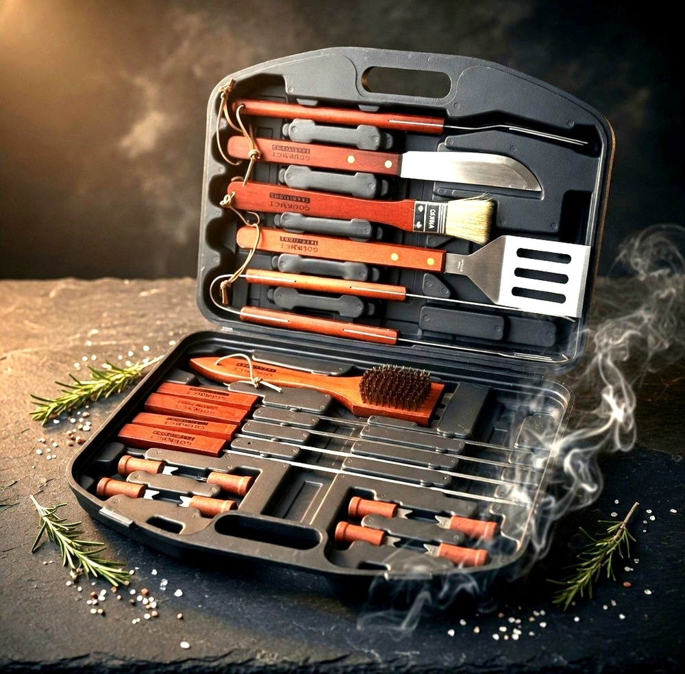Gourmet Traditions 18 Pc BBQ Grilling Utensil Tool Set Wood Handles Case NEW